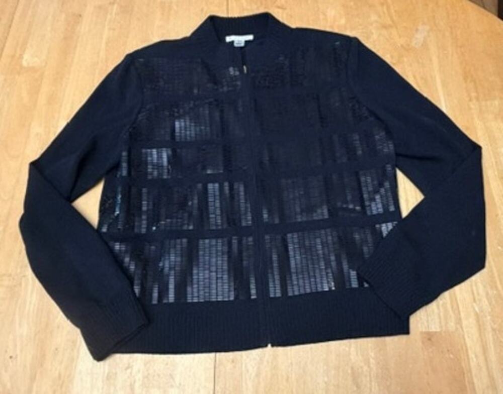 St John Sport Sequined Full Zip Black Wool Blend Cardigan Size Large